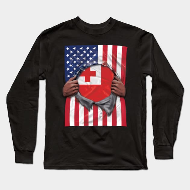 Tonga Flag American Flag Ripped - Gift for Togan From Tonga Long Sleeve T-Shirt by Country Flags